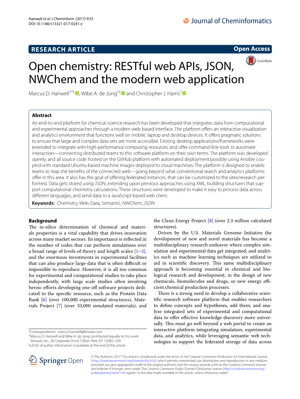 Open Chemistry: Restful Web Apis, JSON, Nwchem and the Modern Web Application Marcus D