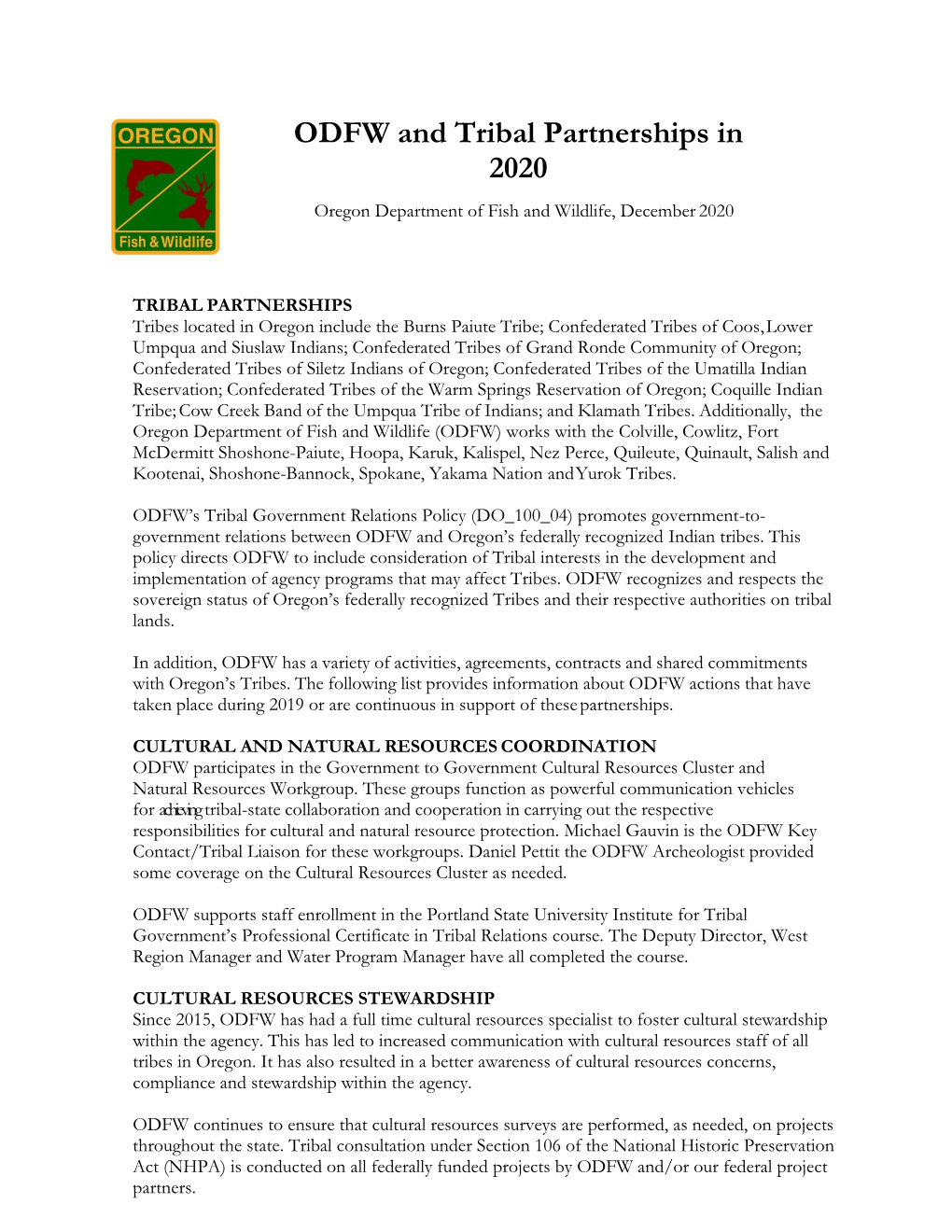 ODFW and Tribal Partnerships in 2020 Oregon Department of Fish and Wildlife, December 2020