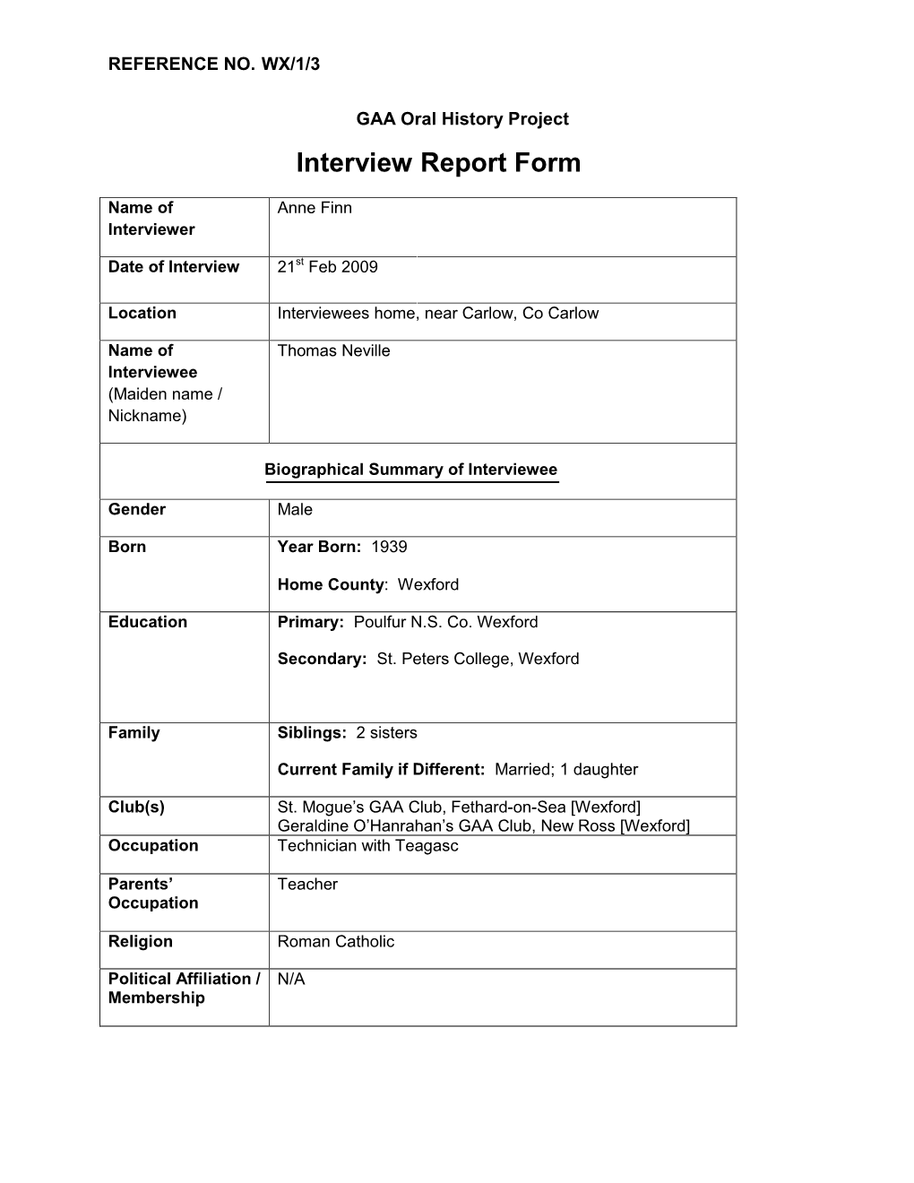 Interview Report Form