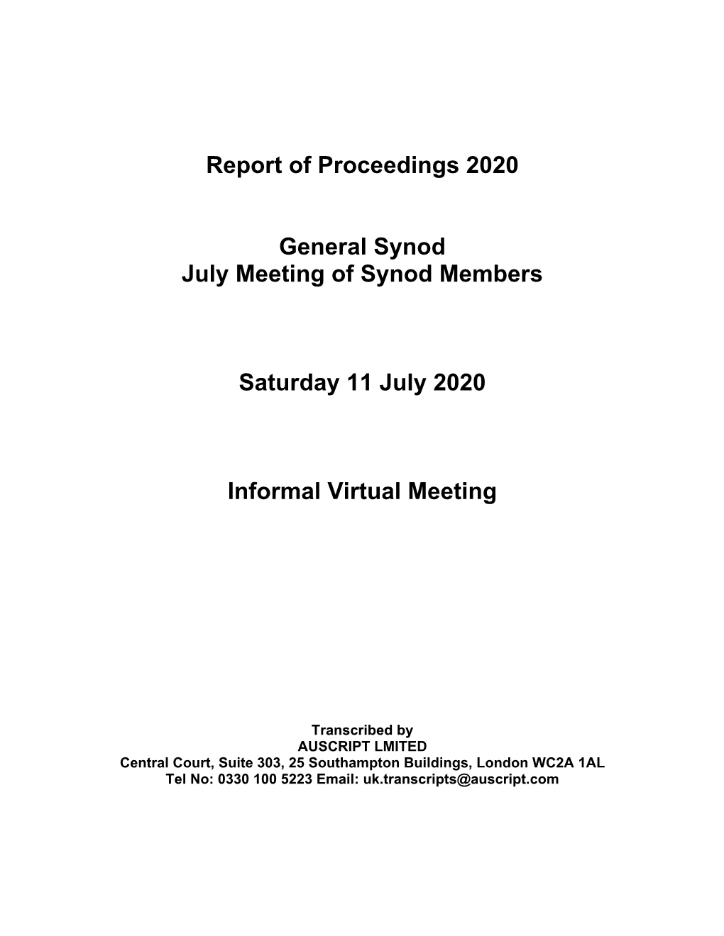 Report of Proceedings 2020 General Synod July Meeting of Synod