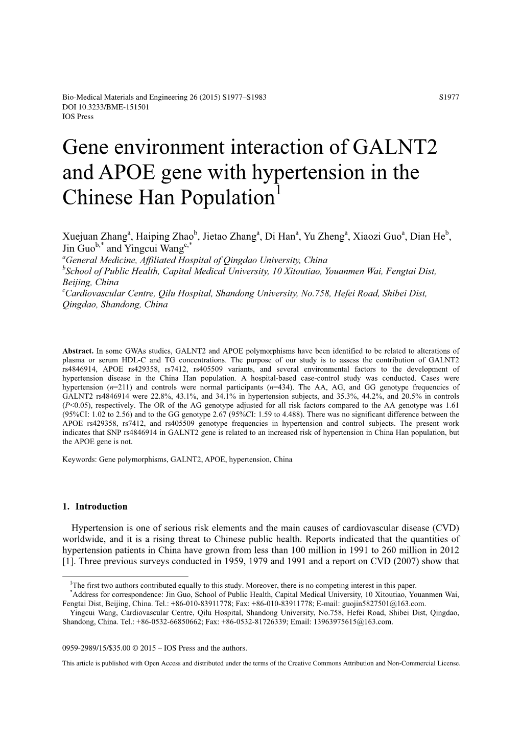 Gene Environment Interaction of GALNT2 and APOE Gene with Hypertension in the Chinese Han Population1