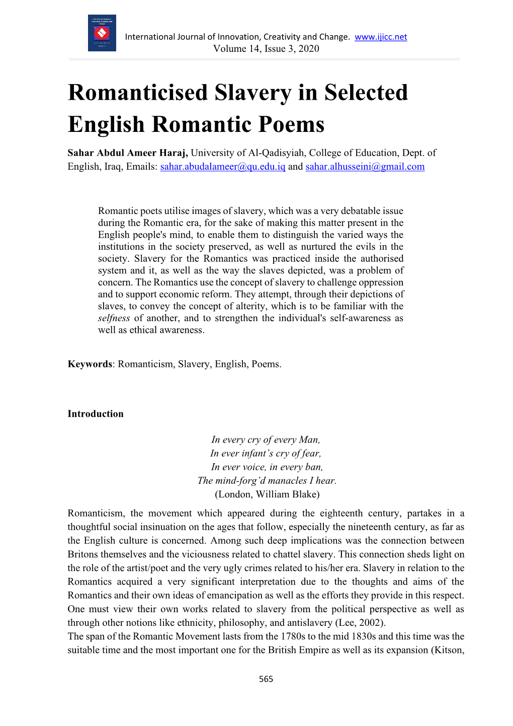 Romanticised Slavery in Selected English Romantic Poems