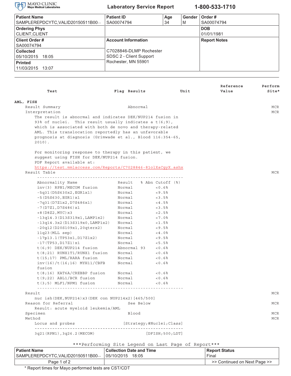 Laboratory Service Report 1-800-533-1710