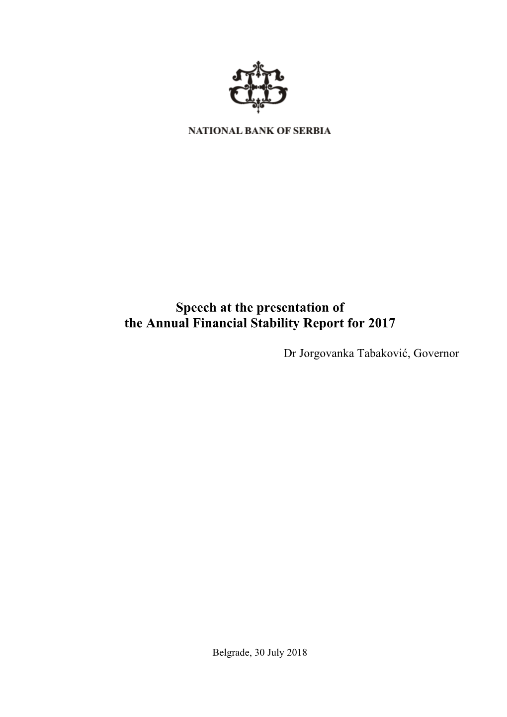 National Bank of Serbia's Annual Financial Stability Report for 2017