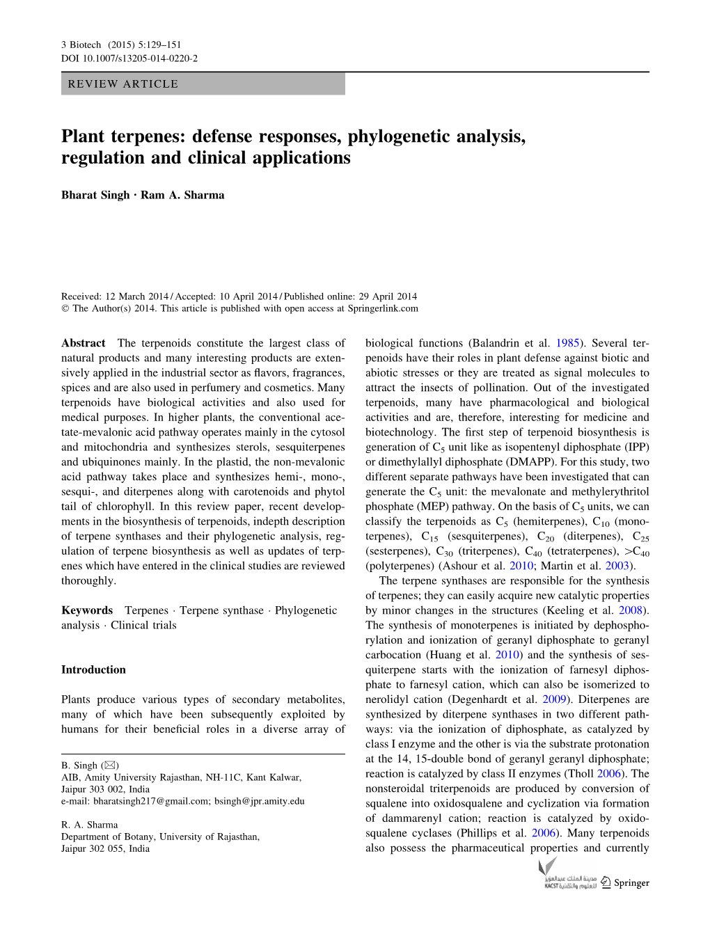 Plant Terpenes: Defense Responses, Phylogenetic Analysis, Regulation and Clinical Applications