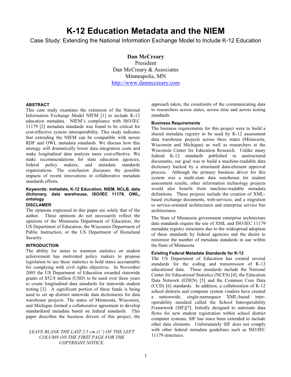 K-12 Education Metadata and the NIEM Case Study: Extending the National Information Exchange Model to Include K-12 Education