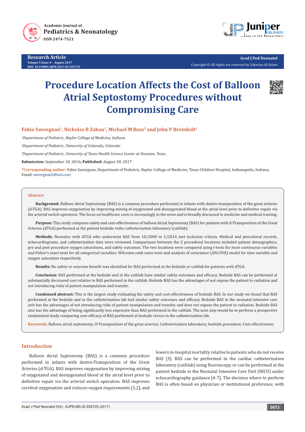 Procedure Location Affects the Cost of Balloon Atrial Septostomy Procedures Without Compromising Care