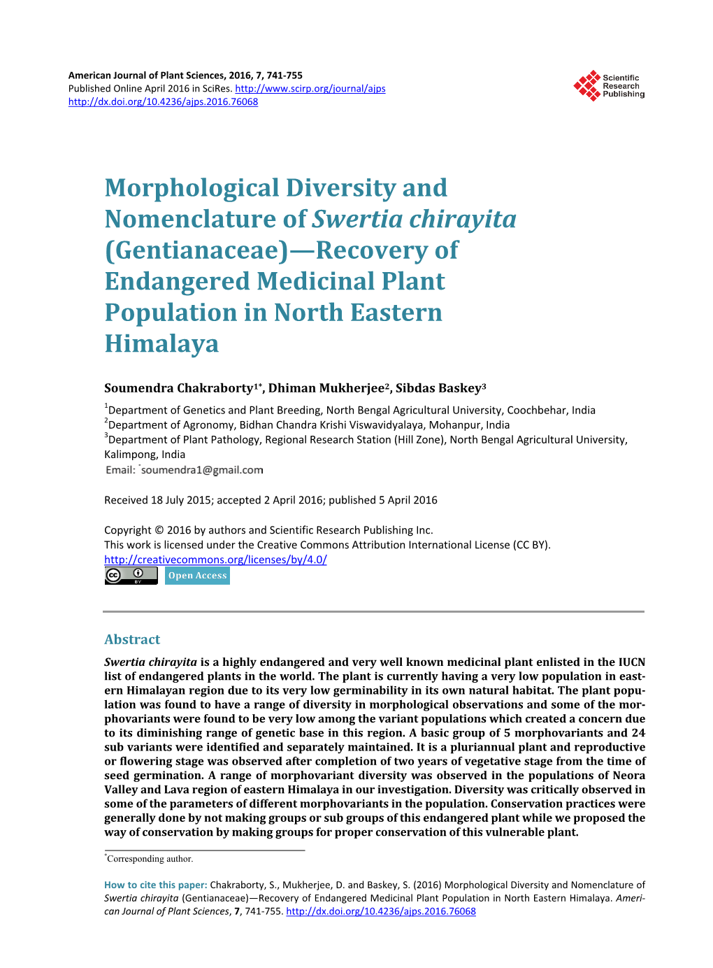 Morphological Diversity and Nomenclature of Swertia Chirayita (Gentianaceae)—Recovery of Endangered Medicinal Plant Population in North Eastern Himalaya