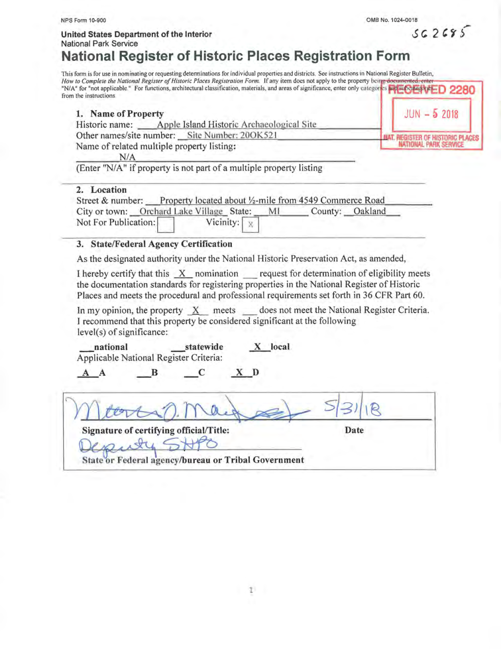 Approved Application for National Register of Historic Places