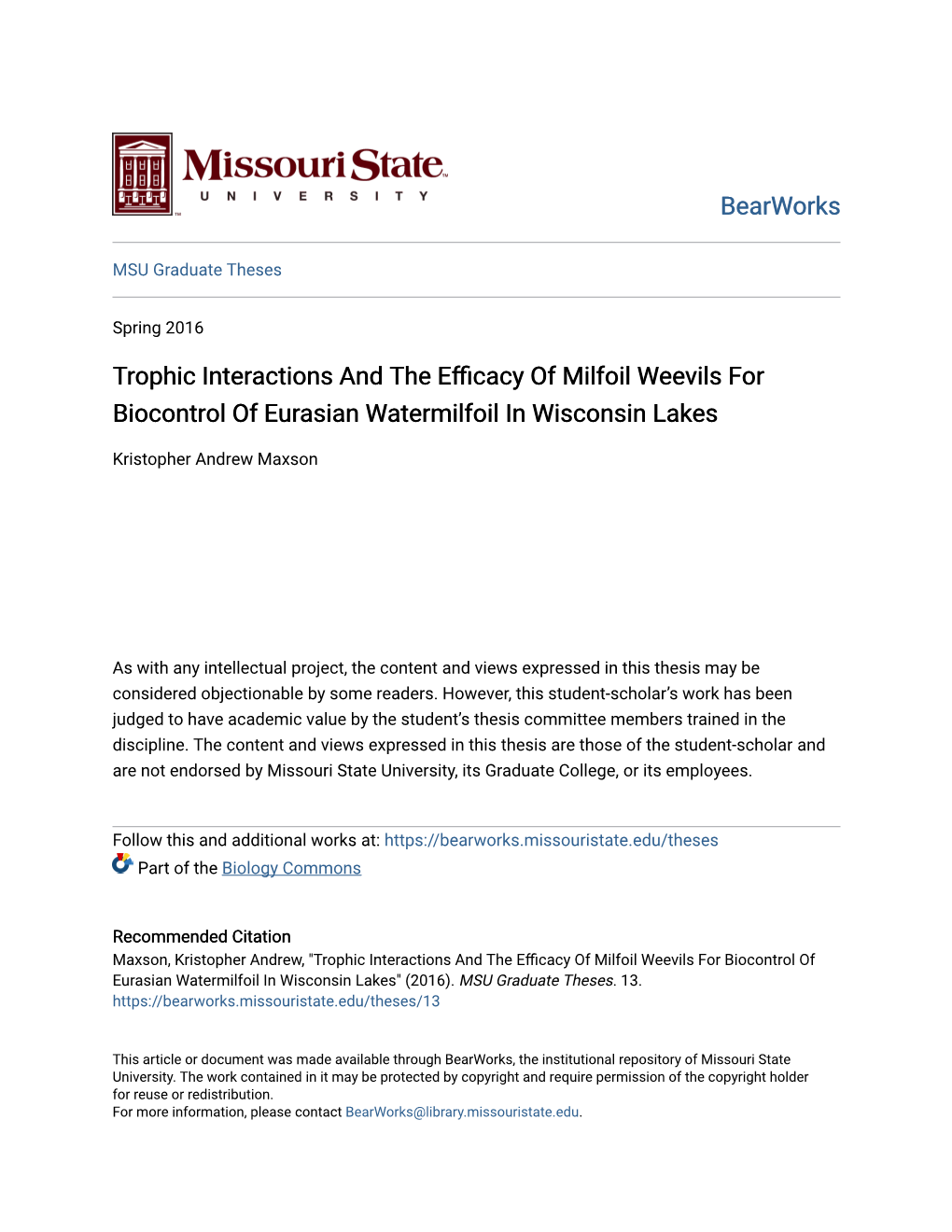 Trophic Interactions and the Efficacy of Milfoil Weevils for Biocontrol Of