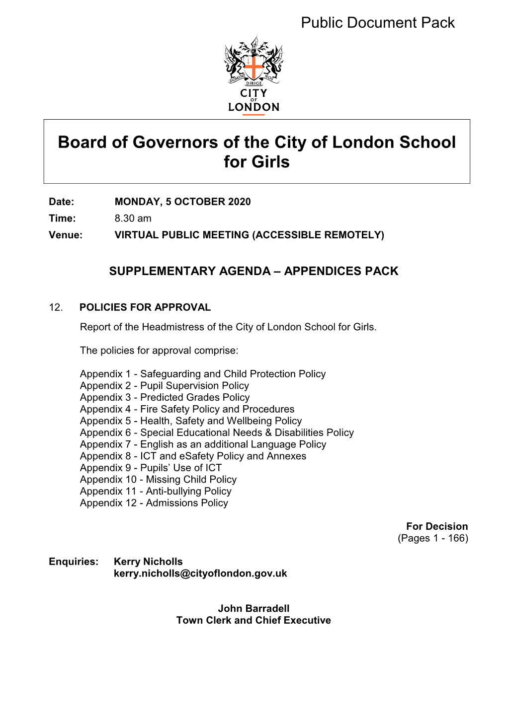(Public Pack)Item 12: Policies for Approval Agenda Supplement For