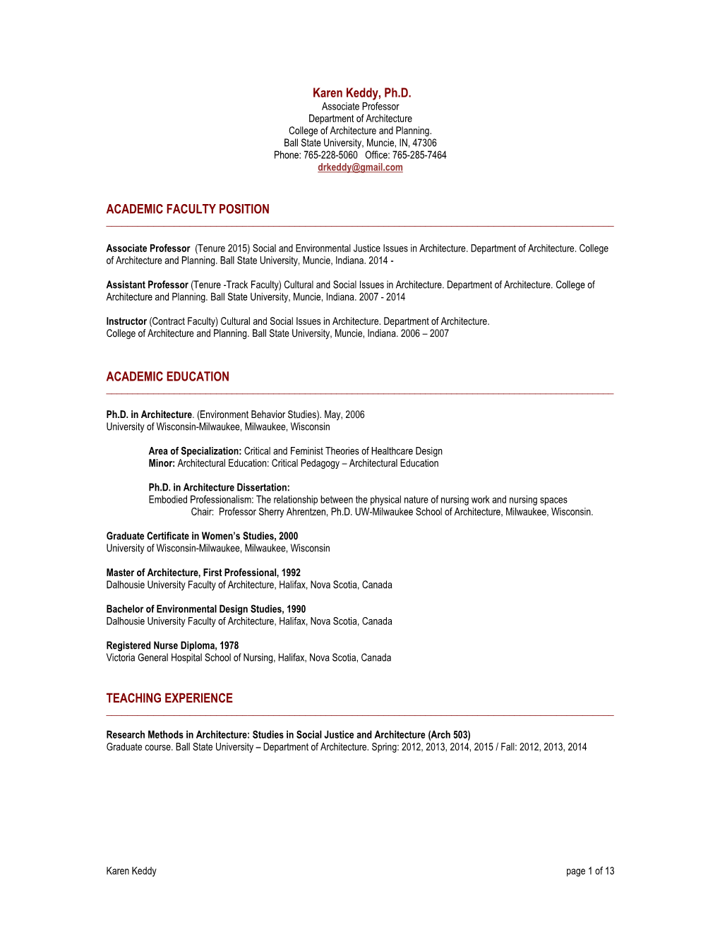 Curriculum Vitae for Karen Keddy Ph.D