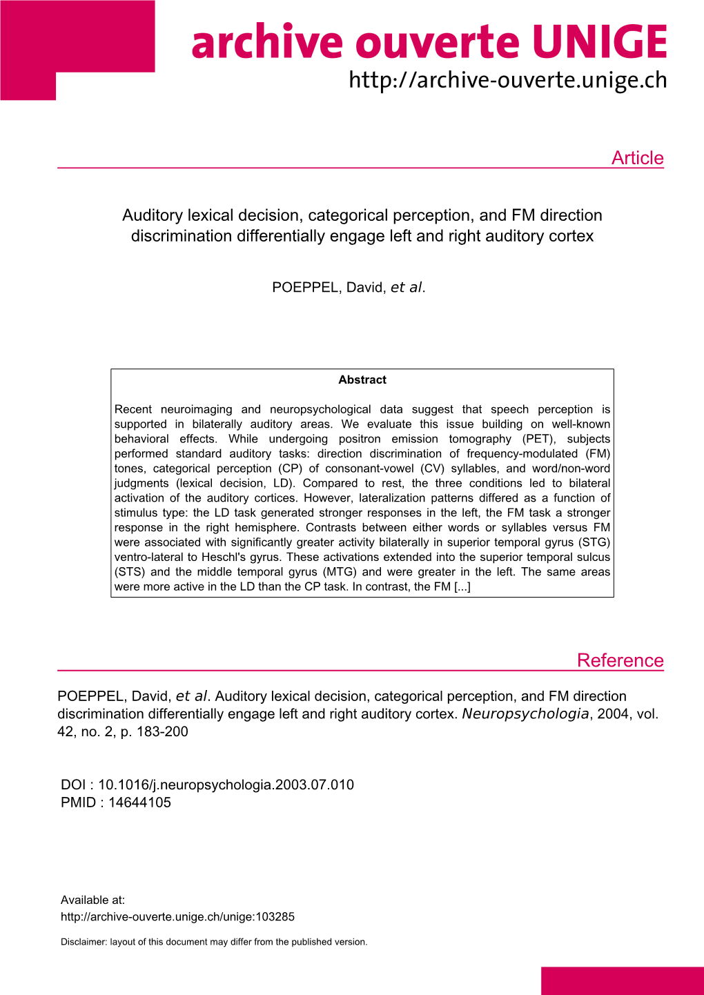 Auditory Lexical Decision, Categorical Perception, and FM Direction Discrimination Differentially Engage Left and Right Auditory Cortex