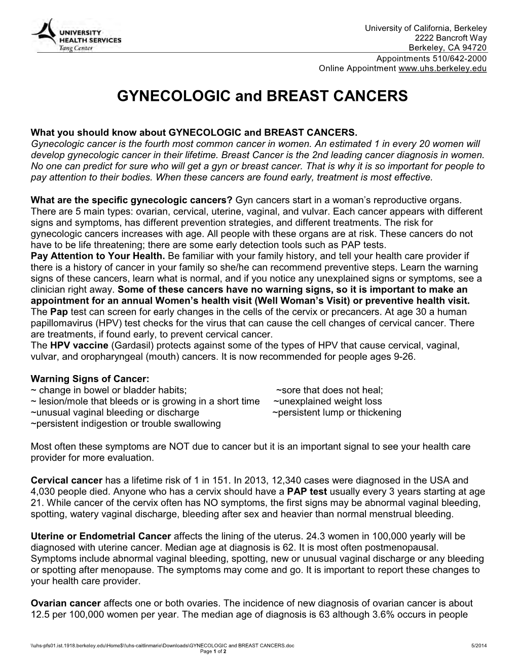 GYNECOLOGIC and BREAST CANCERS