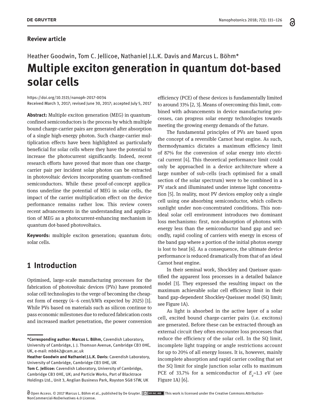Multiple Exciton Generation in Quantum Dot-Based Solar Cells