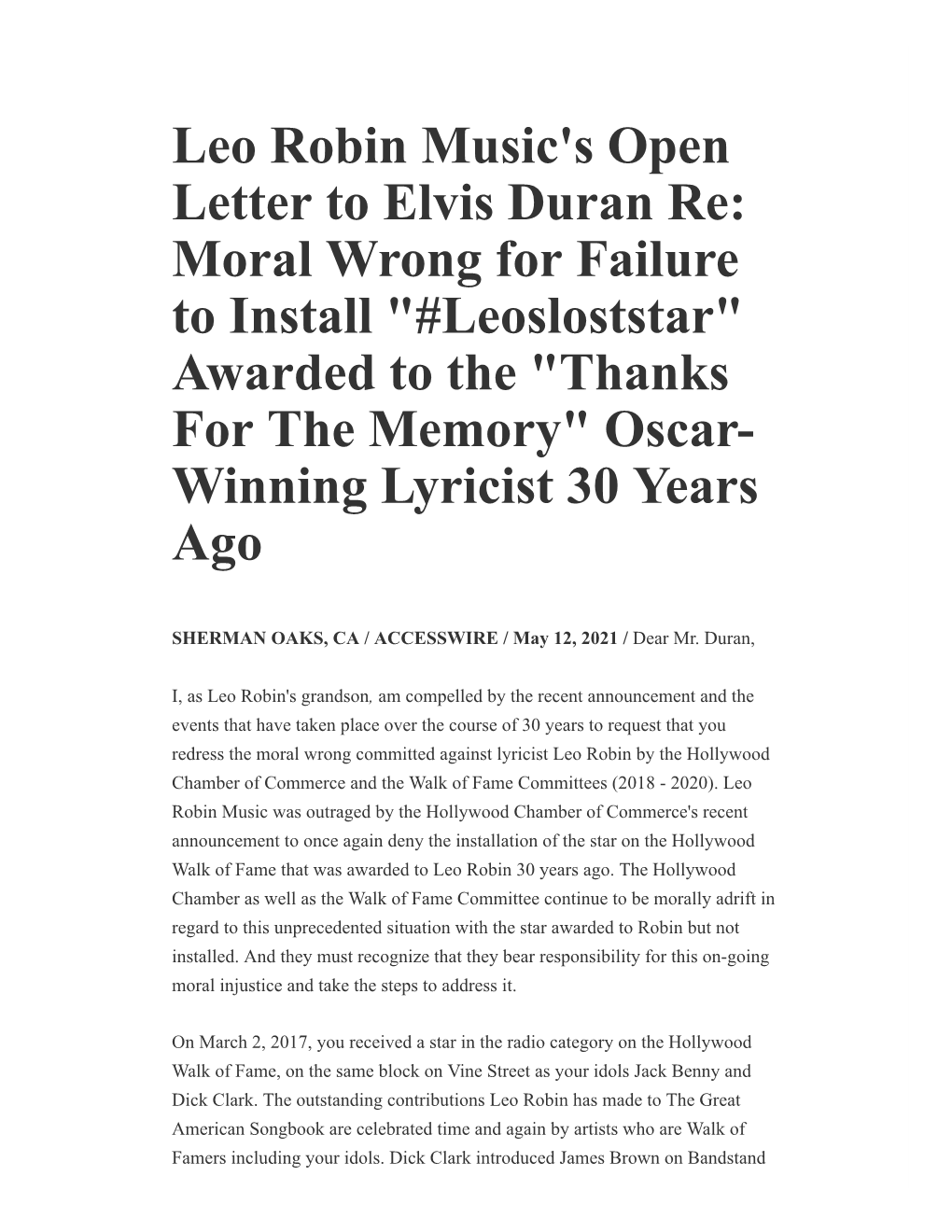 Leo Robin Music's Open Letter to Elvis Duran Re: Moral Wrong For