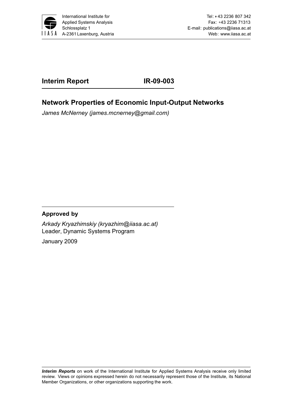 Interim Report IR-09-003 Network Properties of Economic Input