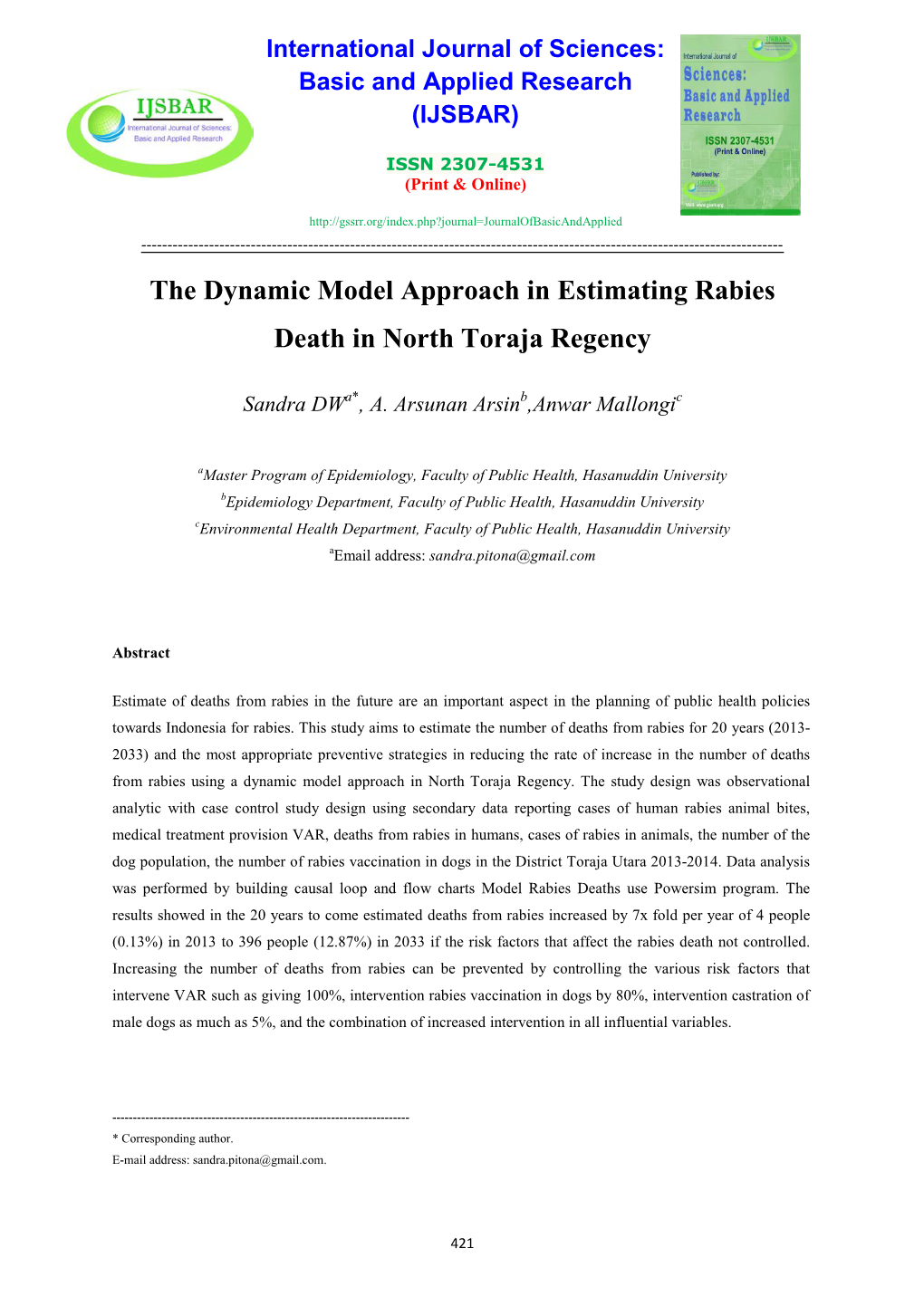 The Dynamic Model Approach in Estimating Rabies Death in North Toraja Regency