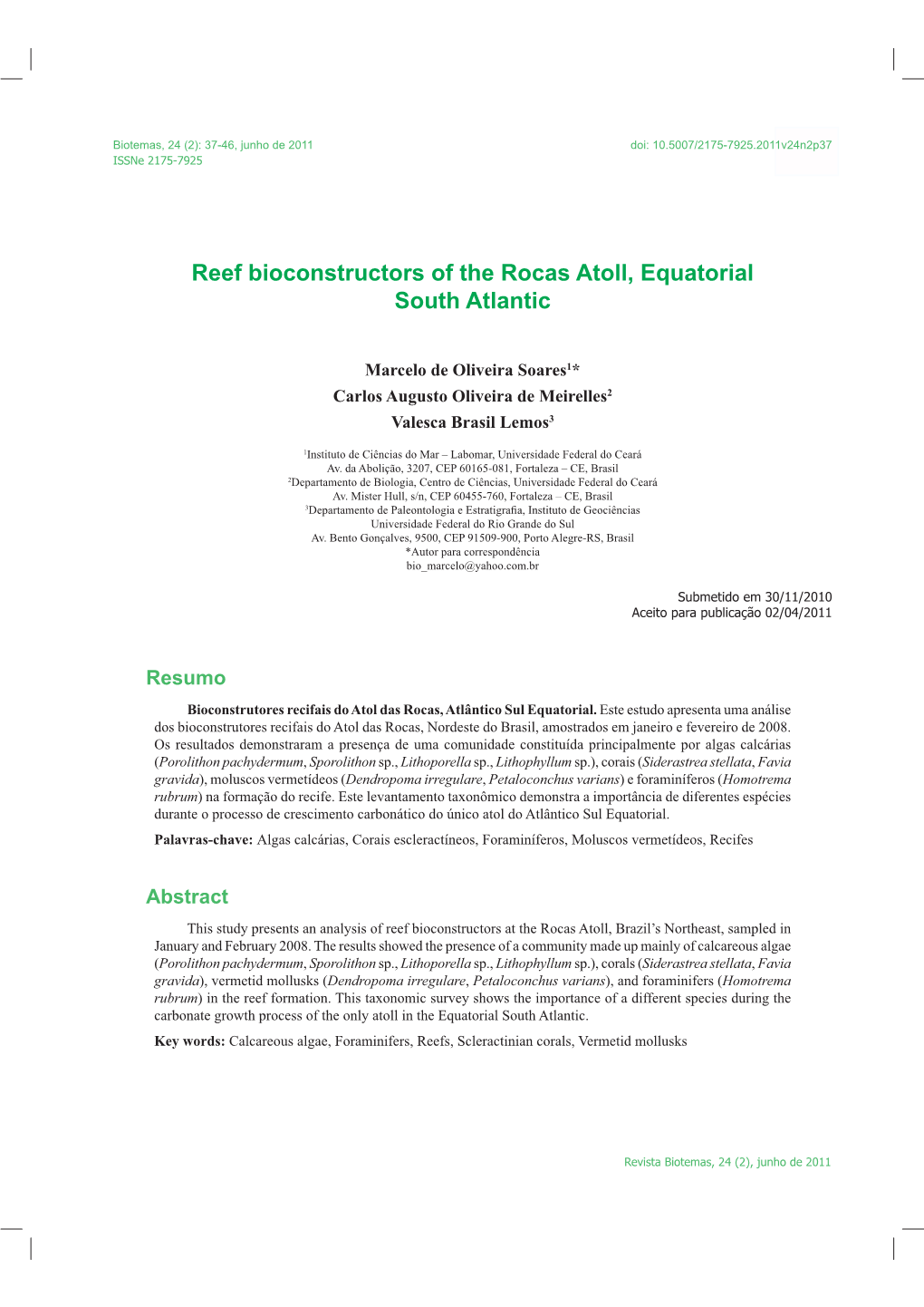 Reef Bioconstructors of the Rocas Atoll, Equatorial South Atlantic