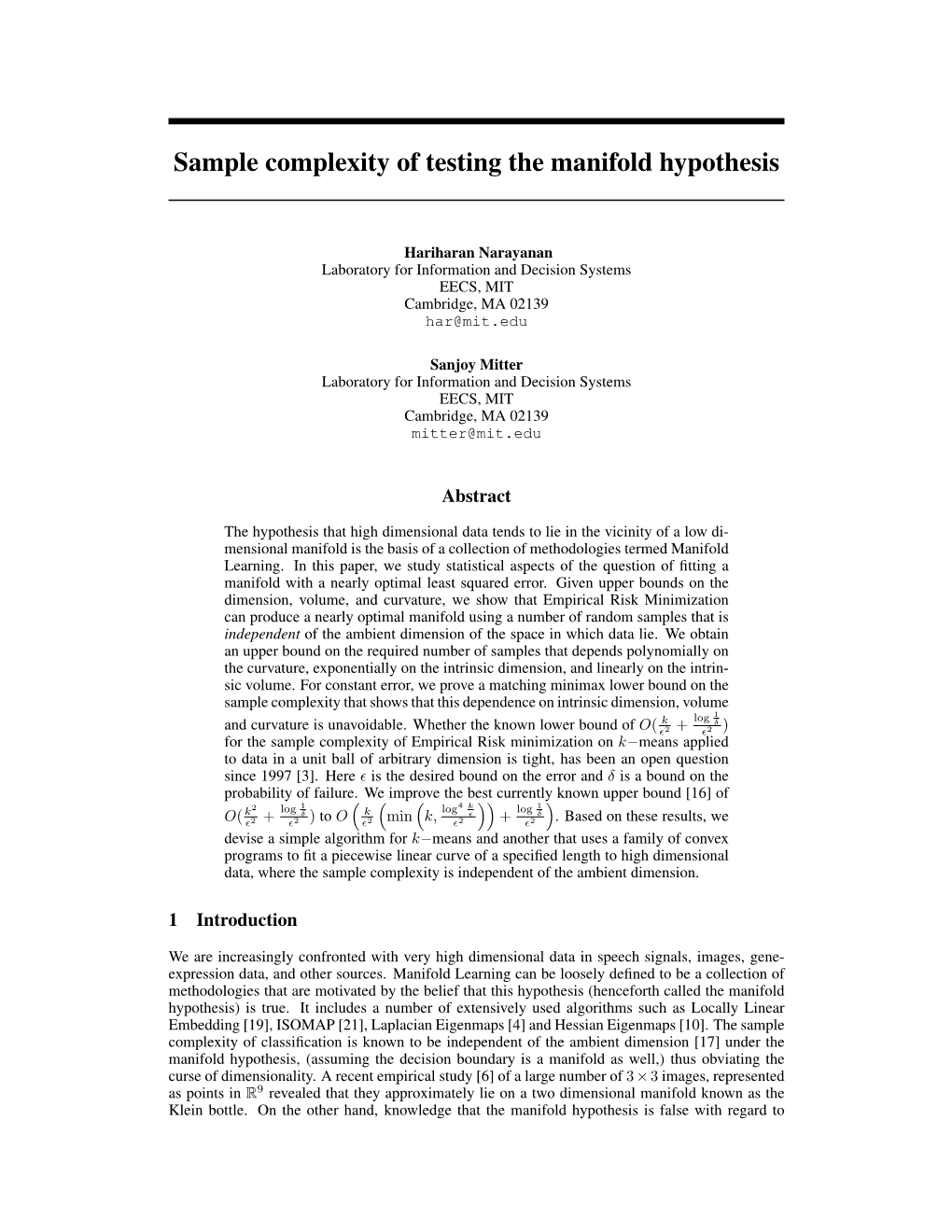Sample Complexity of Testing the Manifold Hypothesis