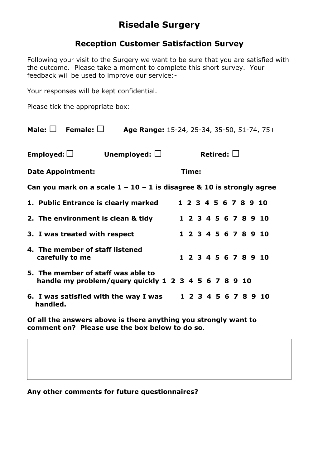 Reception Customer Satisfaction Survey