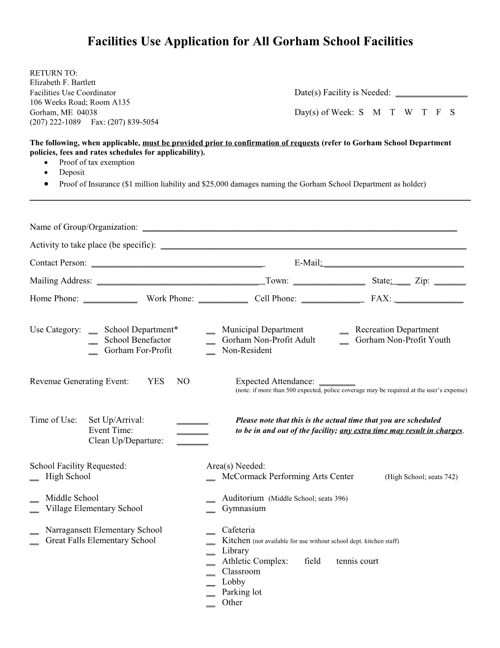 Gorham Facility Use Application for All School Facilities