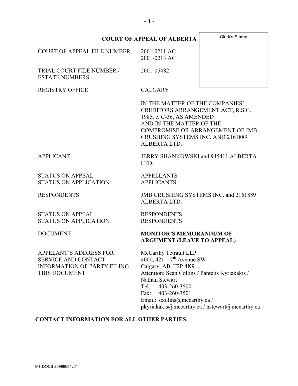 Memorandum of Argument Re Permission to Appeal