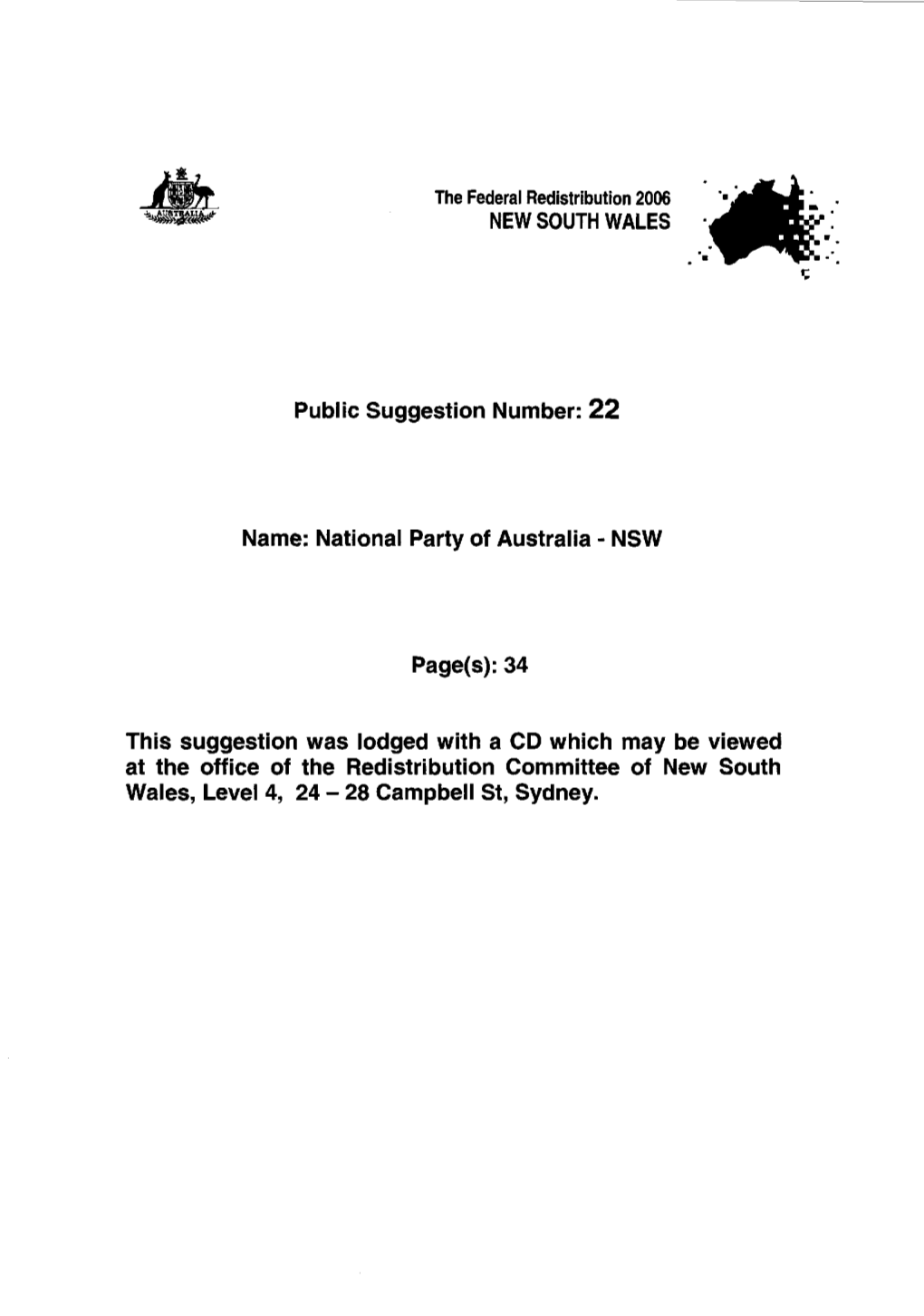 The Federal Redistribution 2006 NEW SOUTH WALES, Suggestion