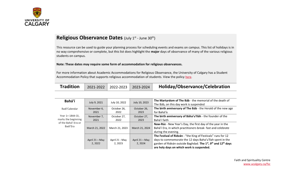 Religious Observance Dates (July 1St - June 30Th)