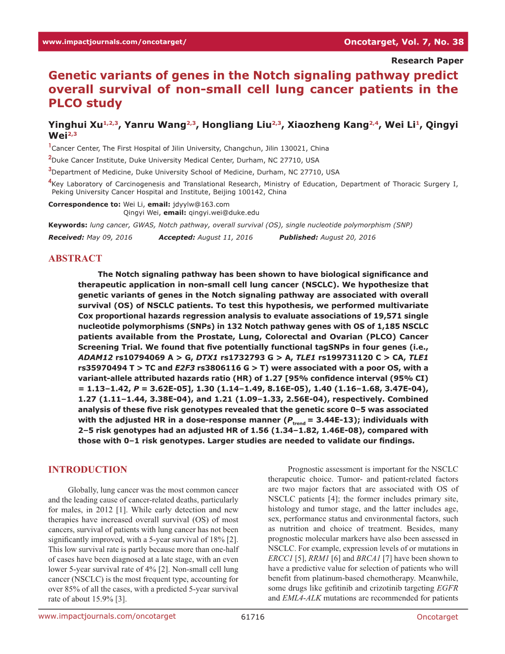 Genetic Variants of Genes in the Notch Signaling Pathway Predict Overall Survival of Non-Small Cell Lung Cancer Patients in the PLCO Study