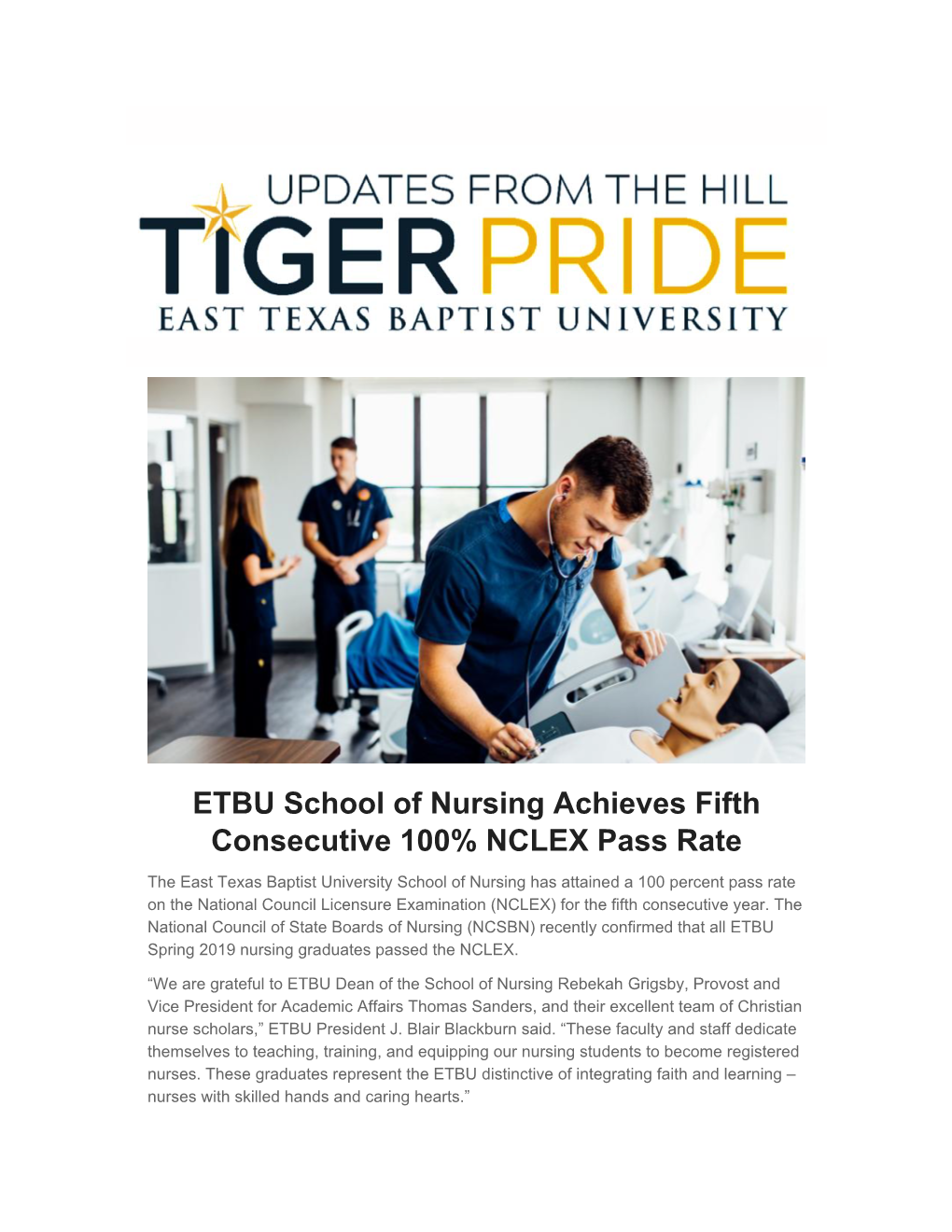 ETBU School of Nursing Achieves Fifth Consecutive 100% NCLEX Pass Rate