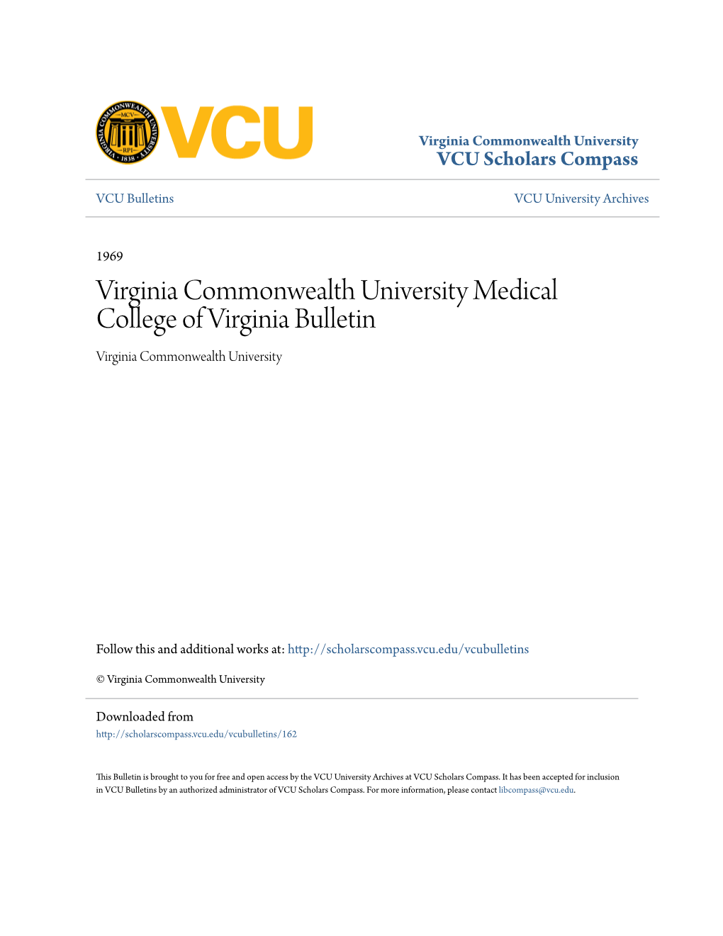 Virginia Commonwealth University Medical College of Virginia Bulletin Virginia Commonwealth University