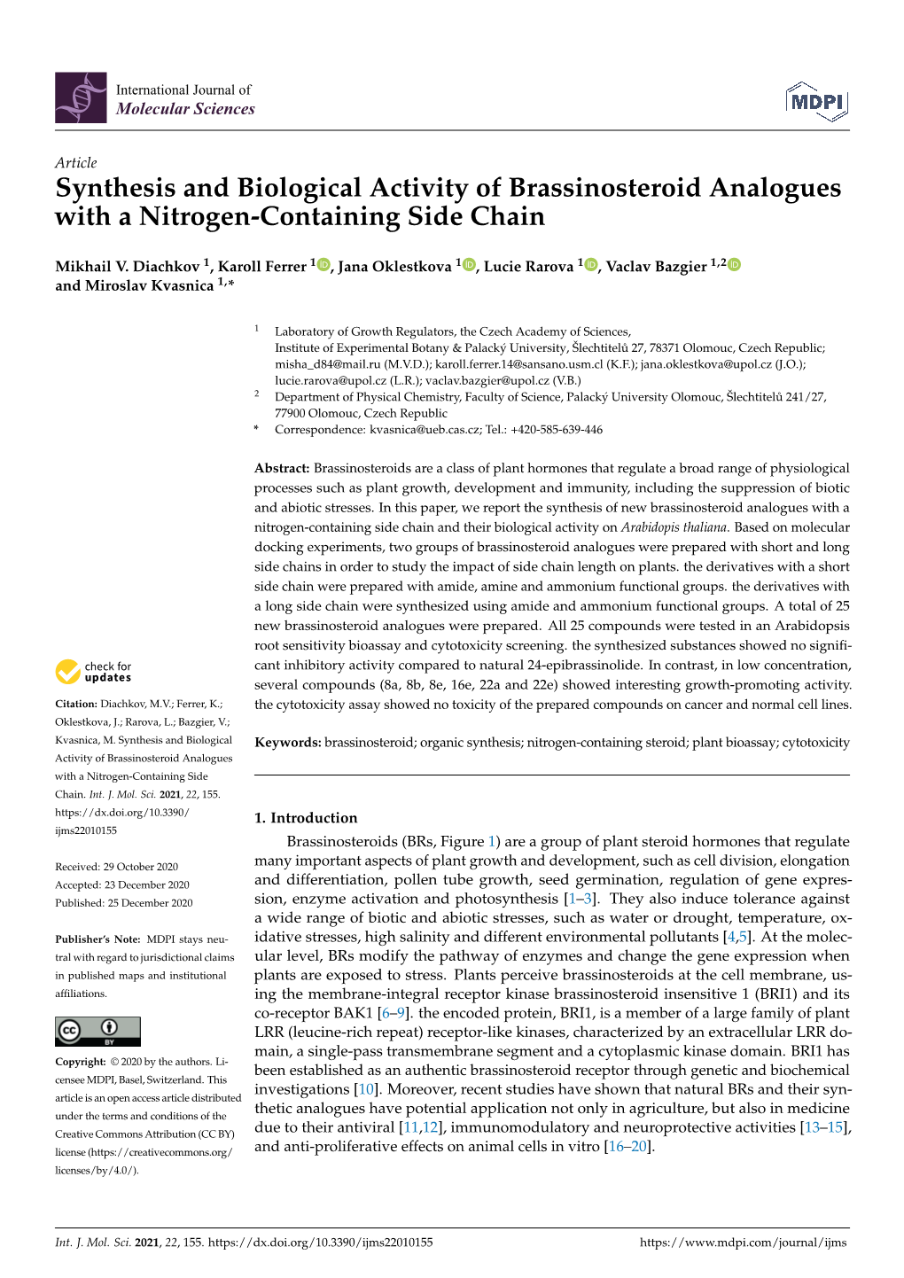 Synthesis and Biological Activity of Brassinosteroid Analogues with a Nitrogen-Containing Side Chain