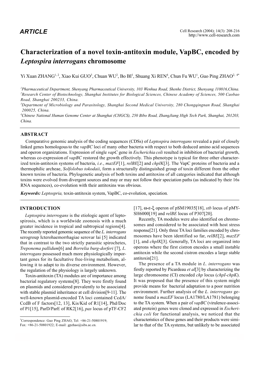 Characterization of a Novel Toxin-Antitoxin Module, Vapbc, Encoded by Leptospira Interrogans Chromosome