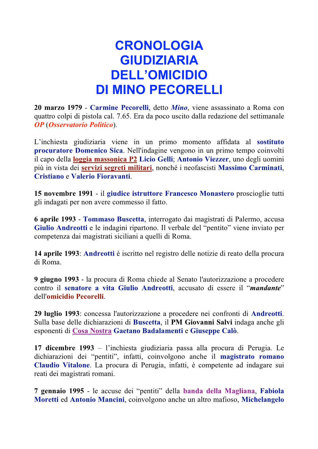 Cronologia Giudiziaria Dell'omicidio Di Mino Pecorelli