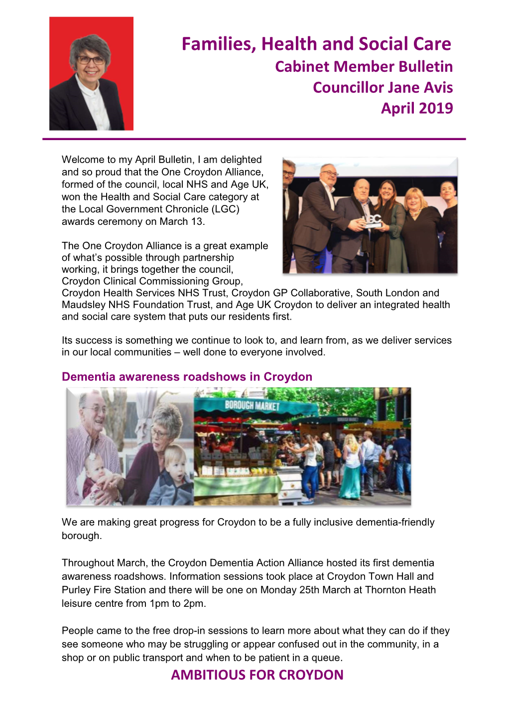 Families, Health and Social Care Cabinet Member Bulletin Councillor Jane Avis April 2019