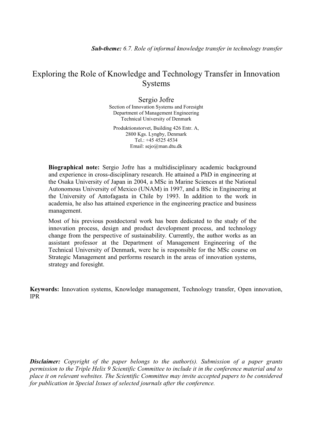 Exploring the Role of Knowledge and Technology Transfer in Innovation Systems