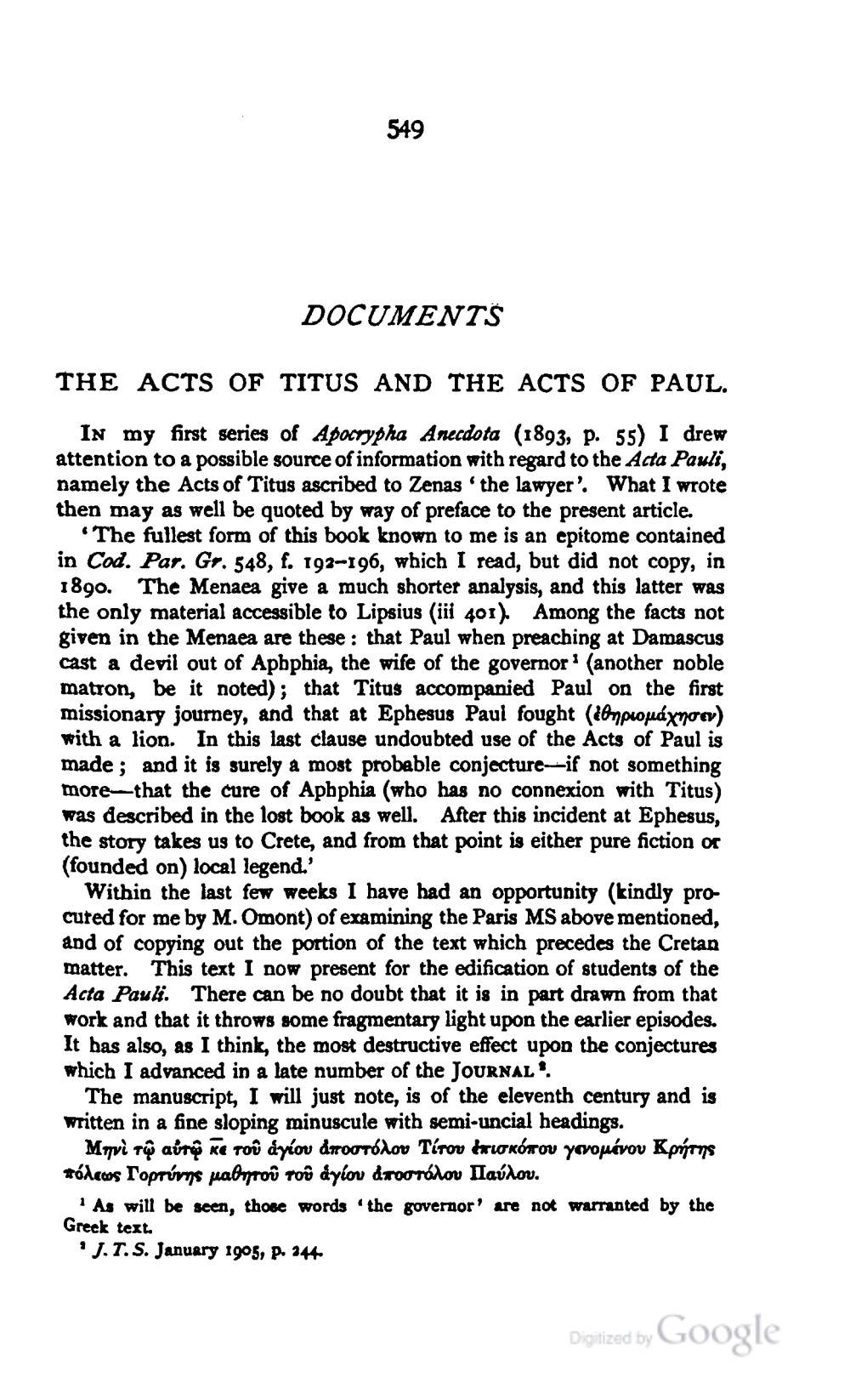 Documents: the Acts of Titus and the Acts of Paul