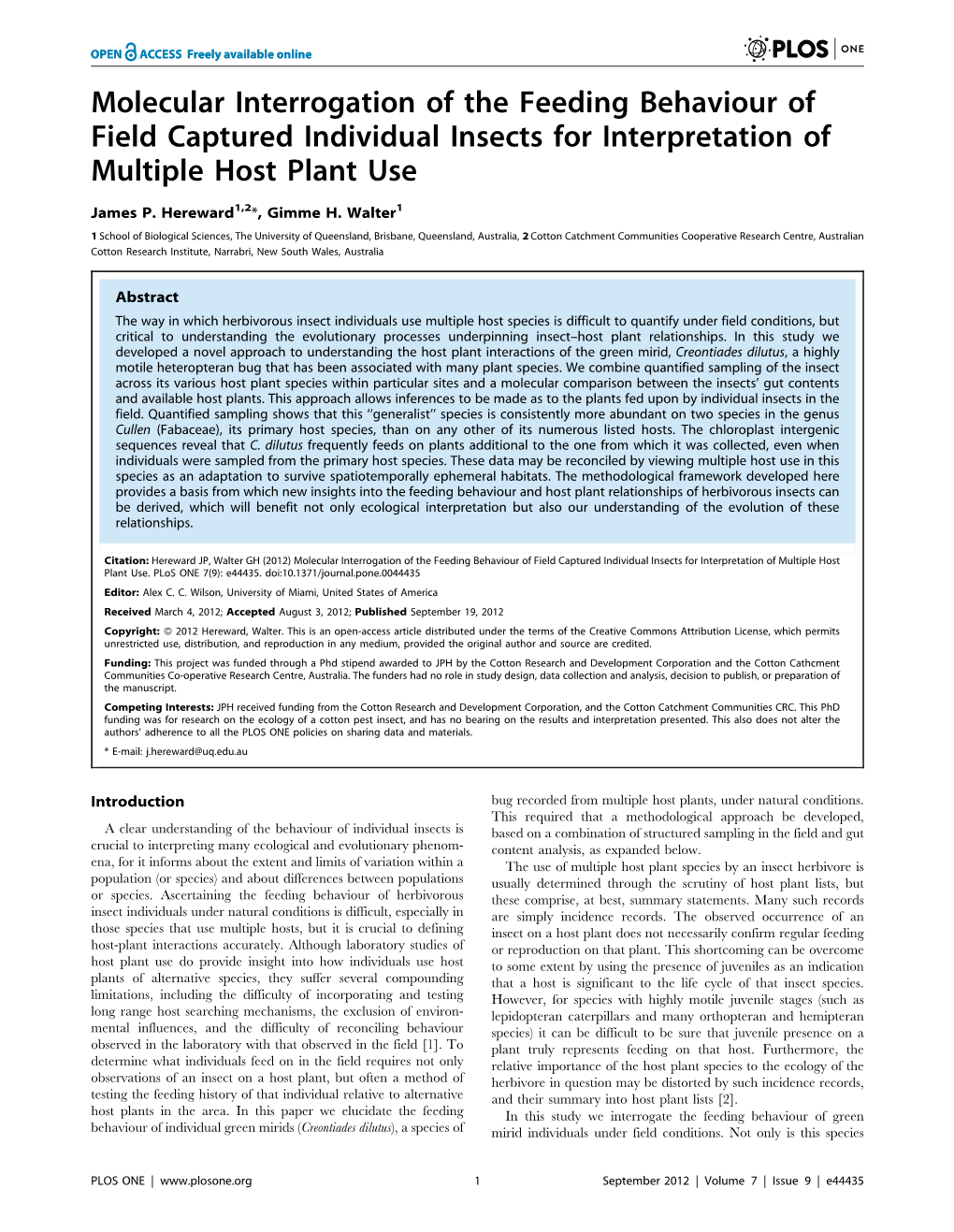 Molecular Interrogation of the Feeding Behaviour of Field Captured Individual Insects for Interpretation of Multiple Host Plant Use