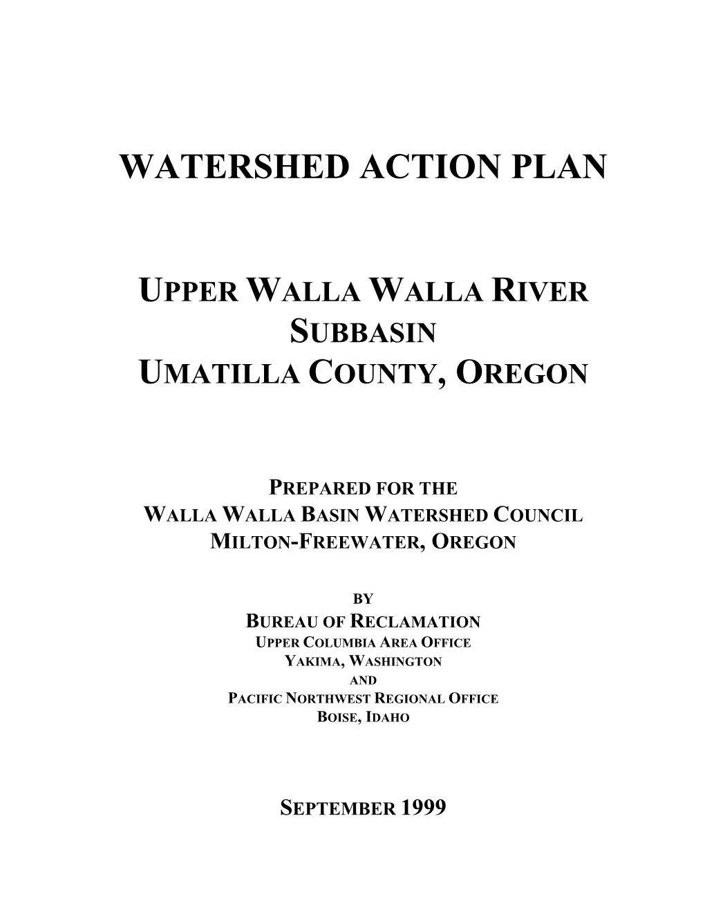 Watershed Action Plan Upper Walla Walla River Subbasin Umatilla County