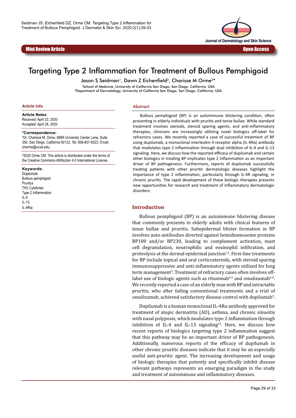 Targeting Type 2 Inflammation for Treatment of Bullous Pemphigoid