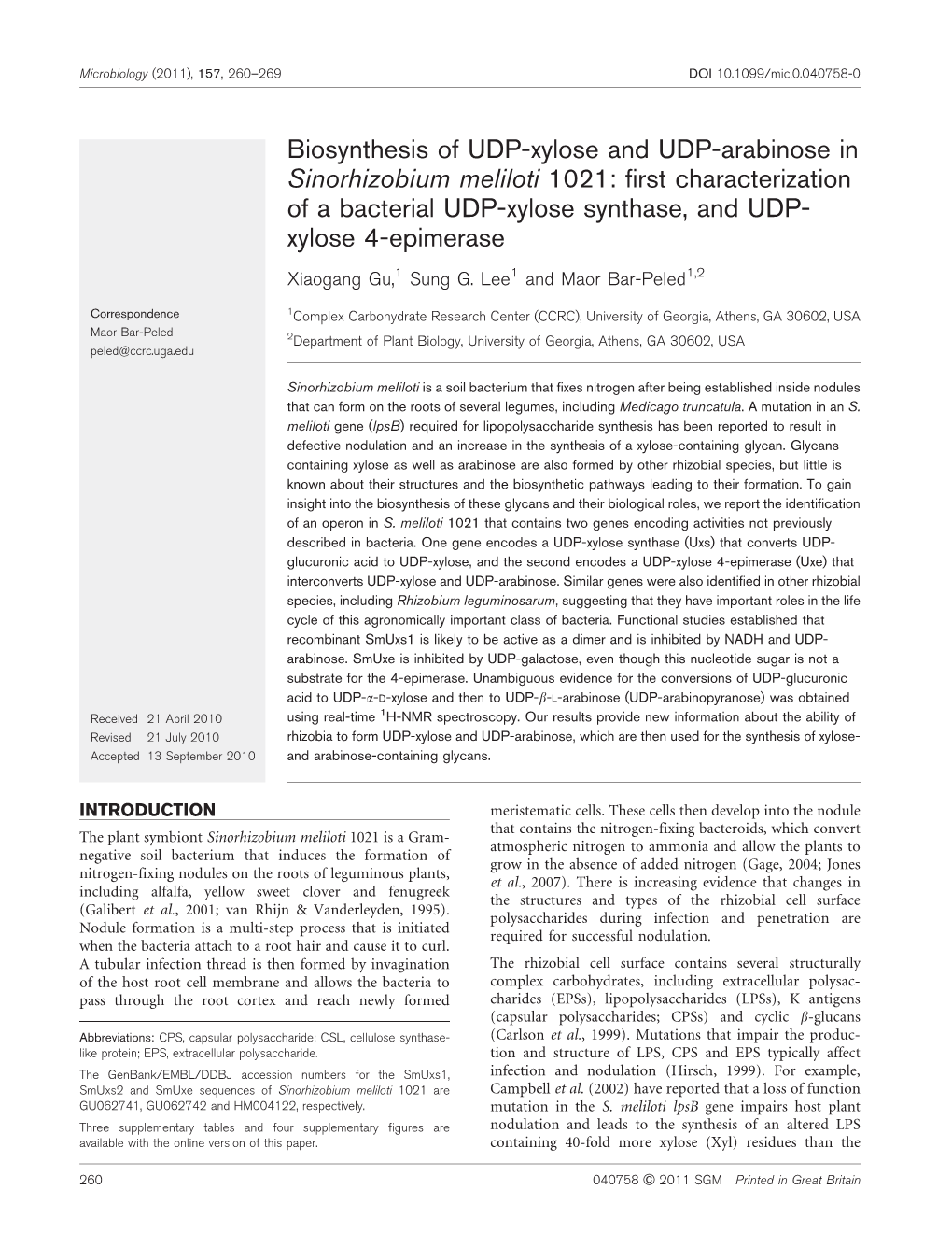 Biosynthesis of UDP-Xylose and UDP-Arabinose in Sinorhizobium Meliloti 1021: First Characterization of a Bacterial UDP-Xylose Synthase, and UDP- Xylose 4-Epimerase