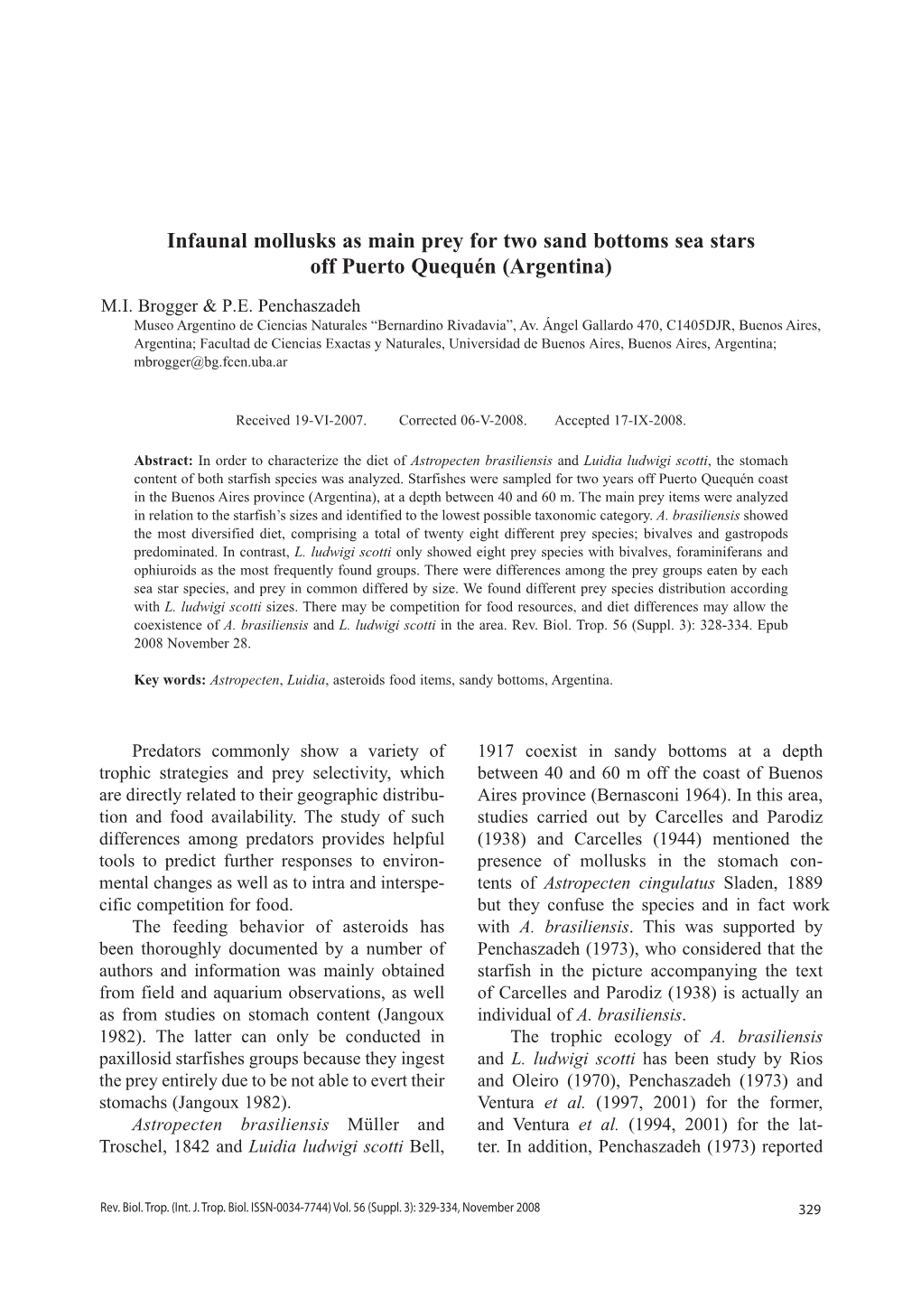 Infaunal Mollusks As Main Prey for Two Sand Bottoms Sea Stars Off Puerto Quequén (Argentina)