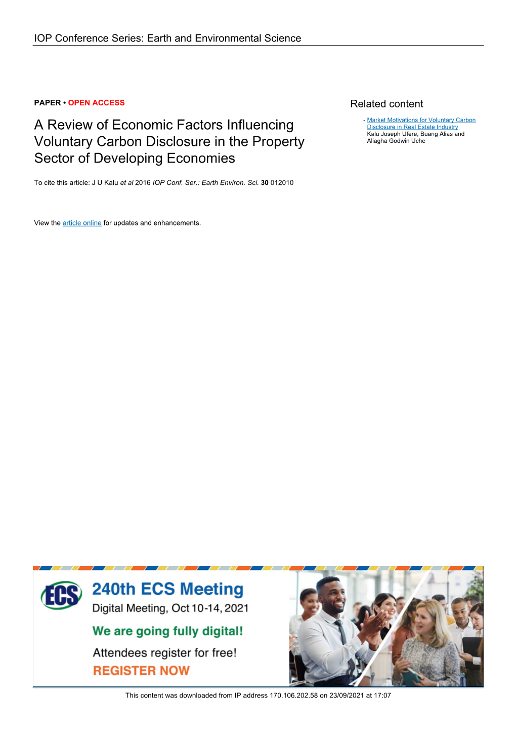 A Review of Economic Factors Influencing Voluntary Carbon Disclosure in the Property Sector of Developing Economies