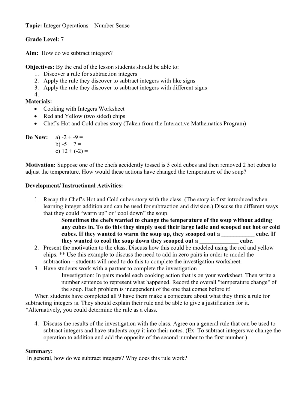 Topic: Integer Operations Number Sense