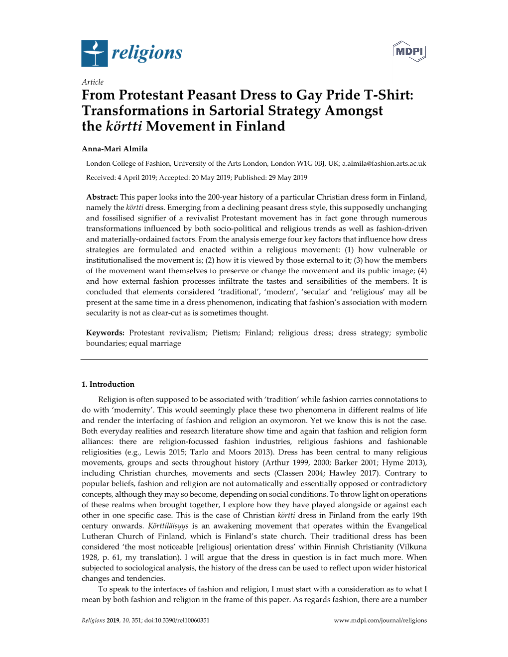 From Protestant Peasant Dress to Gay Pride T-Shirt: Transformations in Sartorial Strategy Amongst the Körtti Movement in Finland