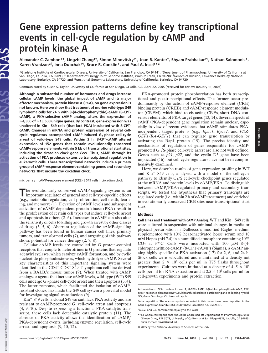 Gene Expression Patterns Define Key Transcriptional Events in Cell-Cycle Regulation by Camp and Protein Kinase A