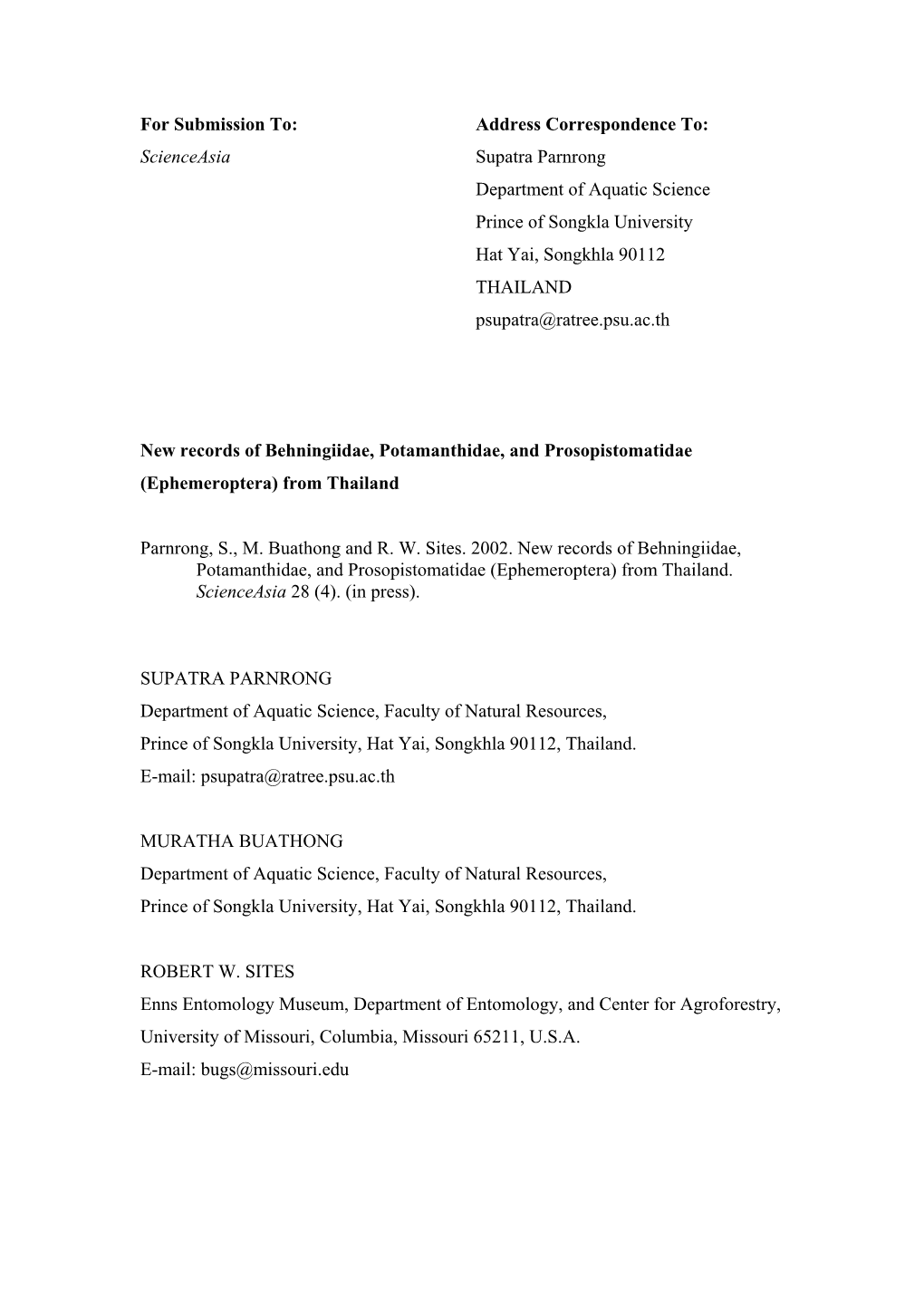 Notes on Ephemeroptera (Pothamanthidae And