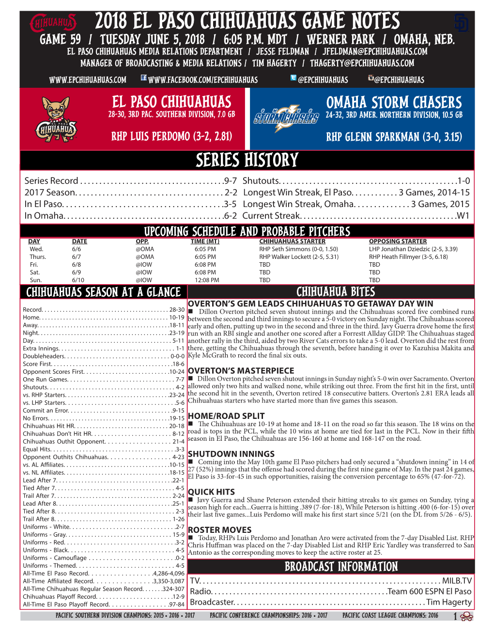 2018 El Paso Chihuahuas Game Notes Game 59 / Tuesday June 5, 2018 / 6:05 P.M