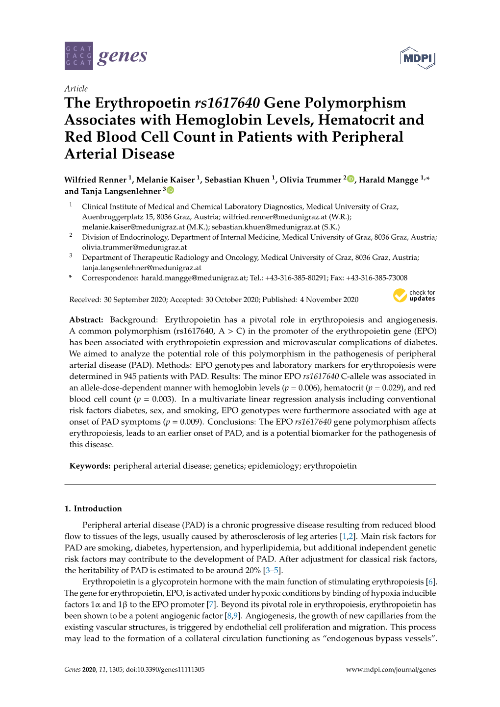 The Erythropoetin Rs1617640 Gene Polymorphism Associates with Hemoglobin Levels, Hematocrit and Red Blood Cell Count in Patients with Peripheral Arterial Disease